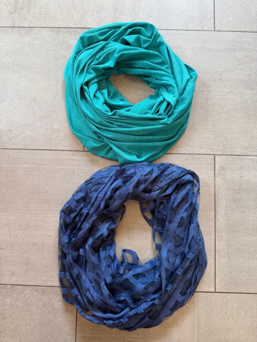 Like new - 2 scarves,  Infinity style! One soft teal shade & one navy patterned